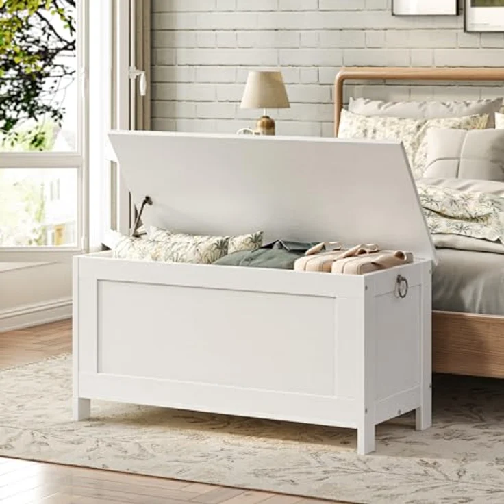 HOOBRO Truhen, Sitzbank mit Stauraum, Spielzeugtruhe mit Deckel, Schuhbank, Sitztruhe, Aufbewahrungstruhe, Robust, Sicherheitsscharniere, Schlafzimmer, Wohnzimmer, 75 cm, Weiß EWT75CW01G1 – Bild 3