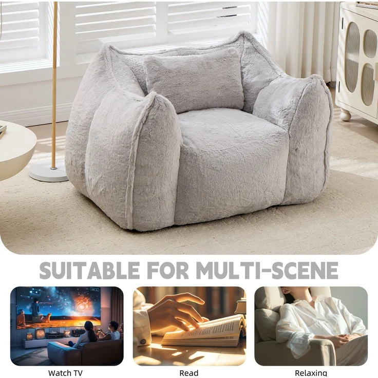 Riesiger Sitzsack mit Kissen, bequeme große Sitzsäcke für Erwachsene und Kinder, Kunstfell-Bodensofa für Wohnzimmer, Schlafzimmer und Wohnung, Grau – Herde – 123 x 97 x 73 cm – YOUDENOVA – Bild 6