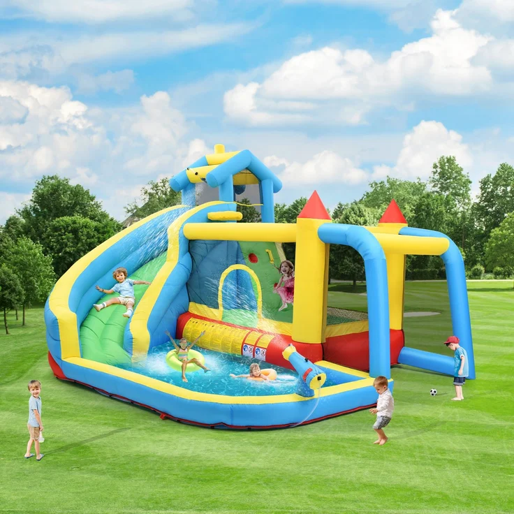 LVHOM Aufblasbare Hüpfburg mit Gebläse, Spielpool, Trocken-/Wasserrutsche, Springburg Outdoor, Wasserpark mit Trampolin, Planschbecken, 364 x 315 x 239cm – Bild 1