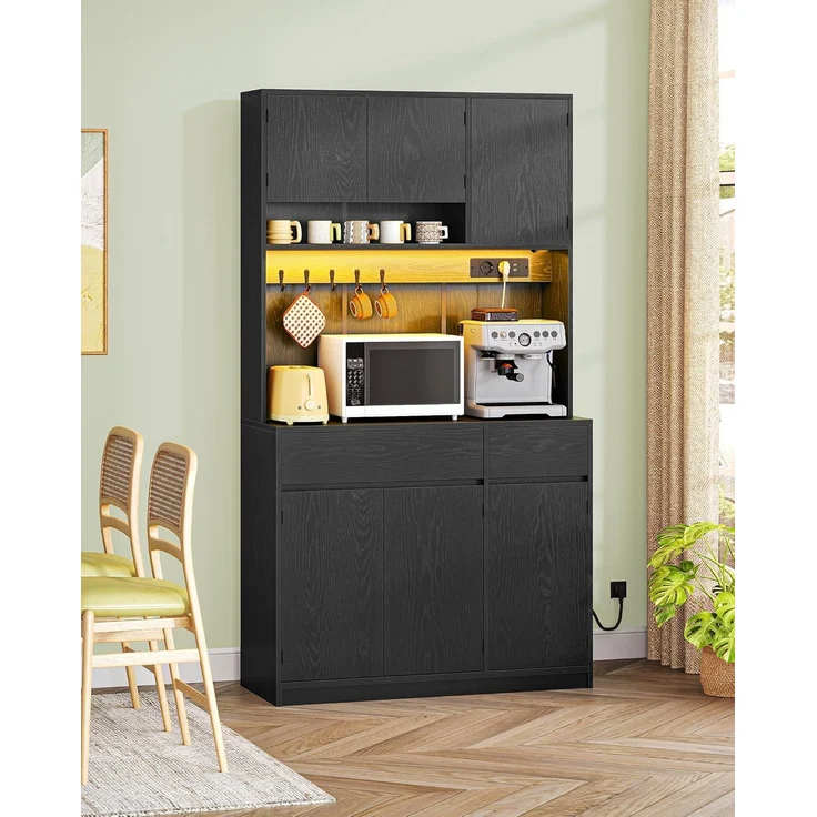 Küchenschrank, mit Steckdosen und Led-Lichtleisten, mit Arbeitsplatten und 2 Schubladen, Verstellbare Einlegeböden, Holz Schwarz, 40 x 100 x 180 cm – Bild 2