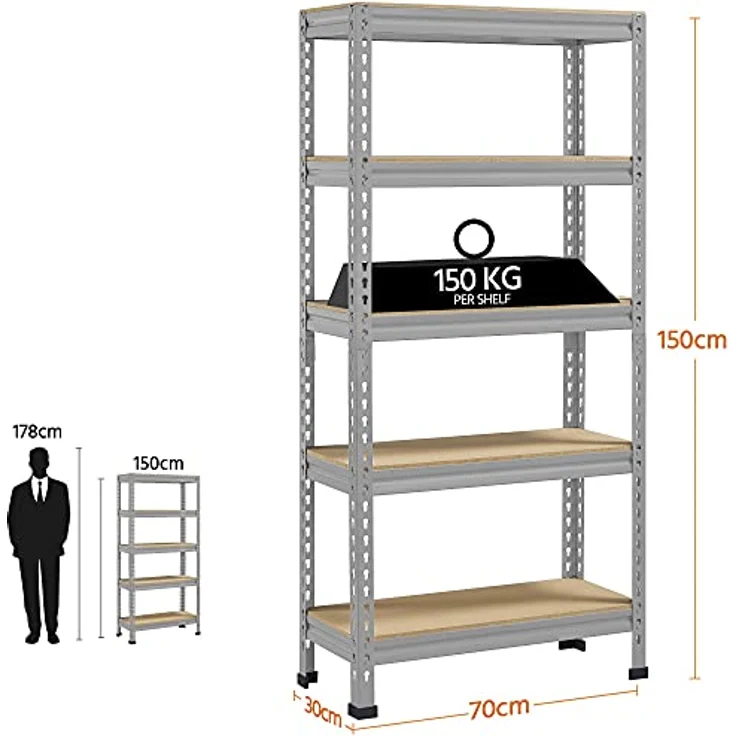 Yaheetech 5 Böden Schwerlastregal 70 cm breit, Speisekammer Regal Lagerregale, Kellerregal Metall, Werkzeugregale, hell grau – Bild 4