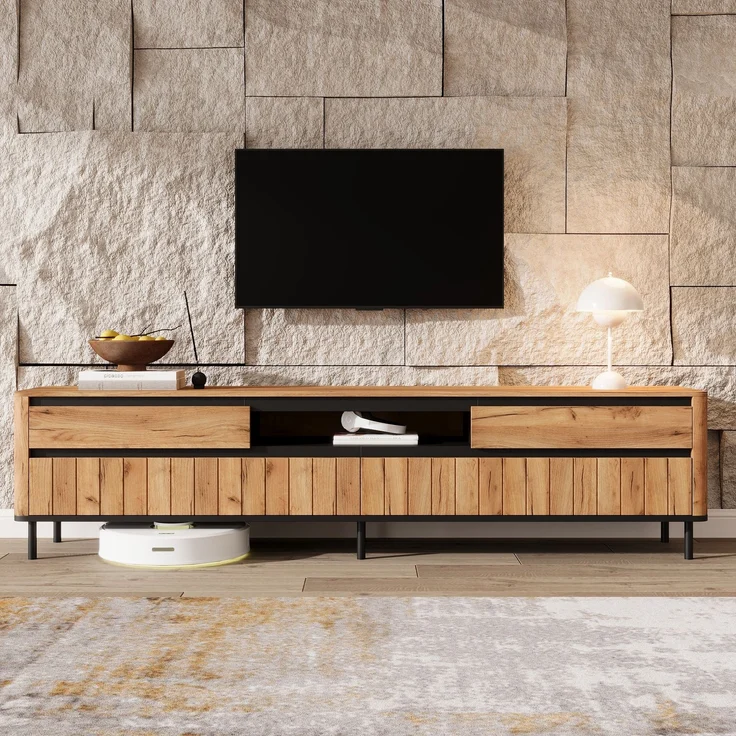 Merax Sideboard (160 x 40 x 73 cm) + viertüriger TV-Schrank (180 x 40 x 52 cm) in Naturholzfarbe mit schwarzen Akzenten, geeignet für einen 75-Zoll-Fernseher – Bild 2