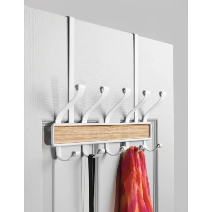 mDesign Hakenleiste Türgarderobe Garderobenhaken Metall Weiß Holzdekor – Bild 2