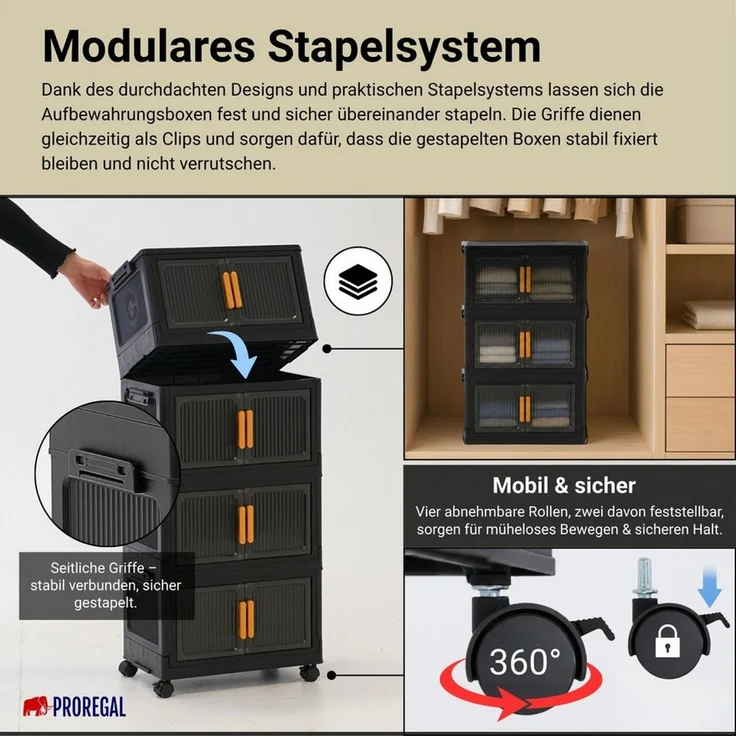PROREGAL® Aufbewahrungsbox EasyCube stapelbar 4 Ebenen & Rollen Stapelboxen – Bild 4