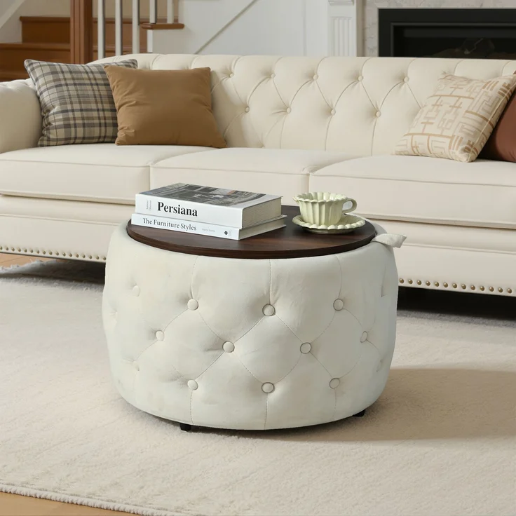 Luxuriöses 2er-Set Nesting-Hocker aus Samt, 4-in-1-Funktion, runder Stauraum-Fußhocker mit Holzablage, kein Aufbau erforderlich, Beige--Beige--59.6x59.6x38cm--YOUDENOVA – Bild 8
