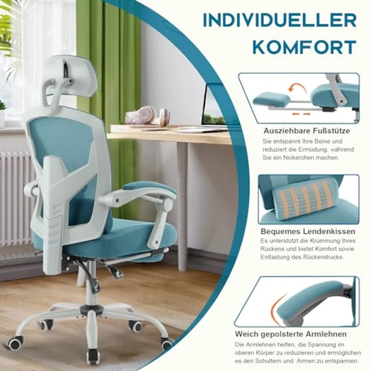 DUMOS Bürostuhl Ergonomisch EIN Schreibtischstuhl mit Komfortarmlehnen Ausgestattet mit Einer Bequemen Lendenwirbelstütze und Fußstütze Office Chair Geeignet für Zuhause – Bild 8