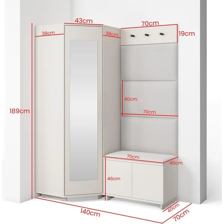 Garderoben-Set Napoli Version 17: Eckschrank mit Polsterpaneelen, Schuhschrank und Schrankaufsatz Flur und Eingangsbereich (Cashmere/Trinity 14), 189 x 70 x 140 cm – Bild 2