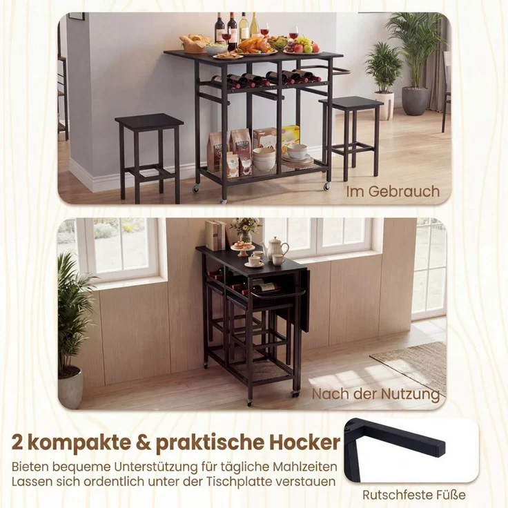COSTWAY Esstisch, Set 3 tlg. mit 2 Hockern, klappbares Bartisch auf Rollen – Bild 4