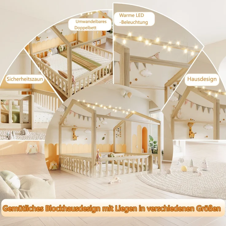 Hausbett mit LED Kugel-Lichterkette, 90x190cm*2/180x190cm, Kinderbett mit Rausfallschutz und Lattenrost, Kiefer – Bild 5