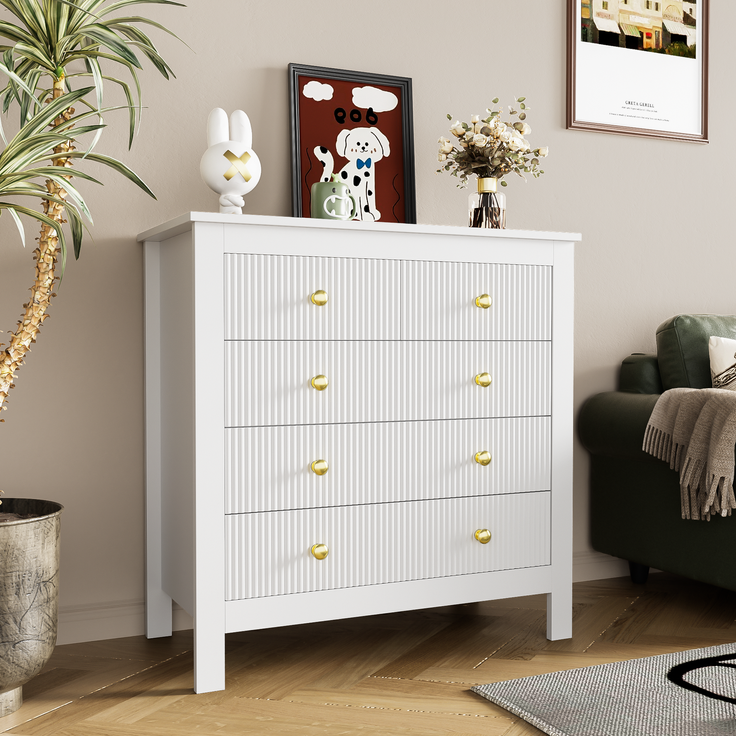 Kommode mit 5 Schubladen Weiss Struktur Front Gold Griffe Sideboard Aufbewahrung Schrank Schlafzimmer Wohnzimmer 80cm