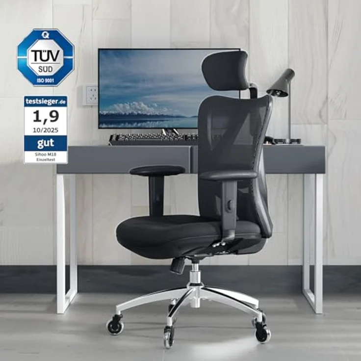 SIHOO Ergonomischer Schreibtischstuhl, Drehstuhl hat Verstellbarer Lordosenstütze, Kopfstütze und Armlehne, Höhenverstellung und Wippfunktion, Rückenschonend, Bürostuhl bis 150kg/330LB Belastbar – Bild 5
