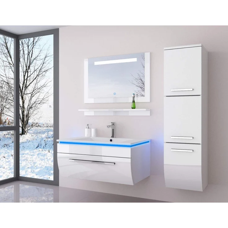 Homeline 90 cm Weiss Badmöbel Set mit einem Hängeschrank Hochglanz Lackiert Spiegel mit Beleuchtung, Waschbecken – Bild 1