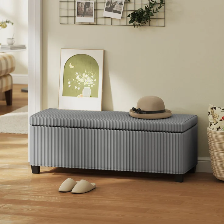 Aufbewahrungsbank aus Cord mit Deckel, für Wohnzimmer, Schlafzimmer, Flur, 112 x 42 x 40 cm, grau – Bild 4