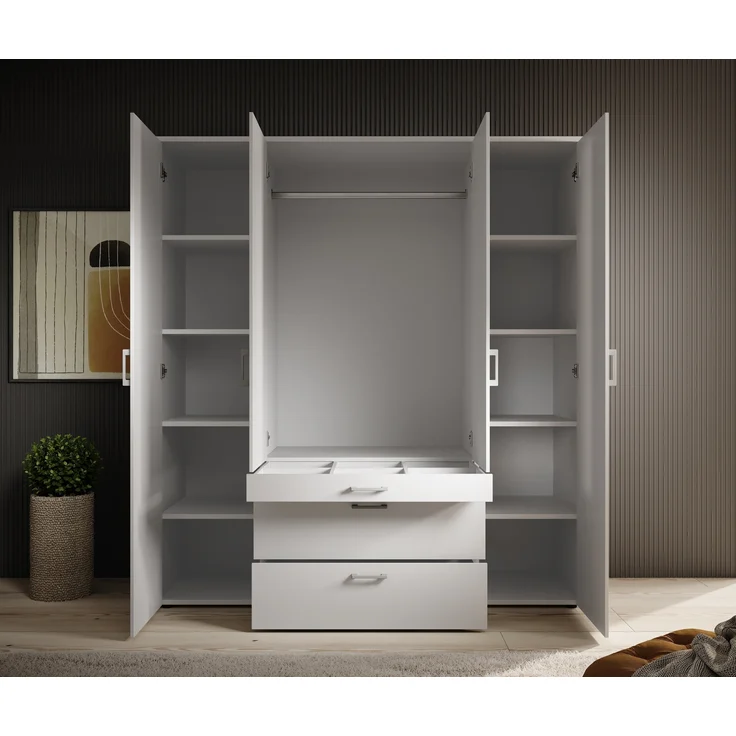 Drehtürenschrank >Vesala< 4 Türen, 3 Schübe, Weiß / Spiegel - 180x195x56cm (BxHxT) – Bild 3