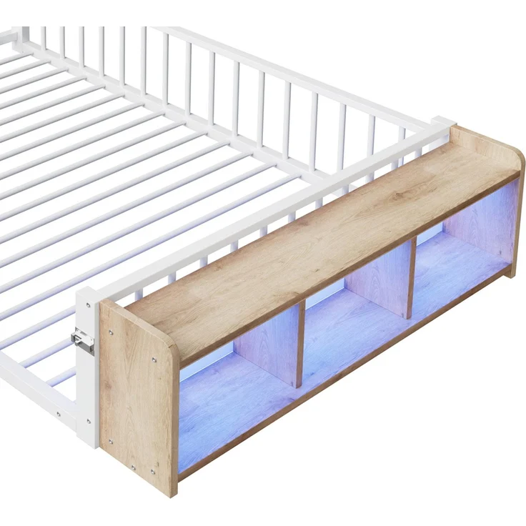 Kinderbett mit LED-Streifen, Regal, Zaun, Lattenrost und Tür, 140x200 cm, Einzelbett mit Rausfallschutz, Metallbett – Bild 10