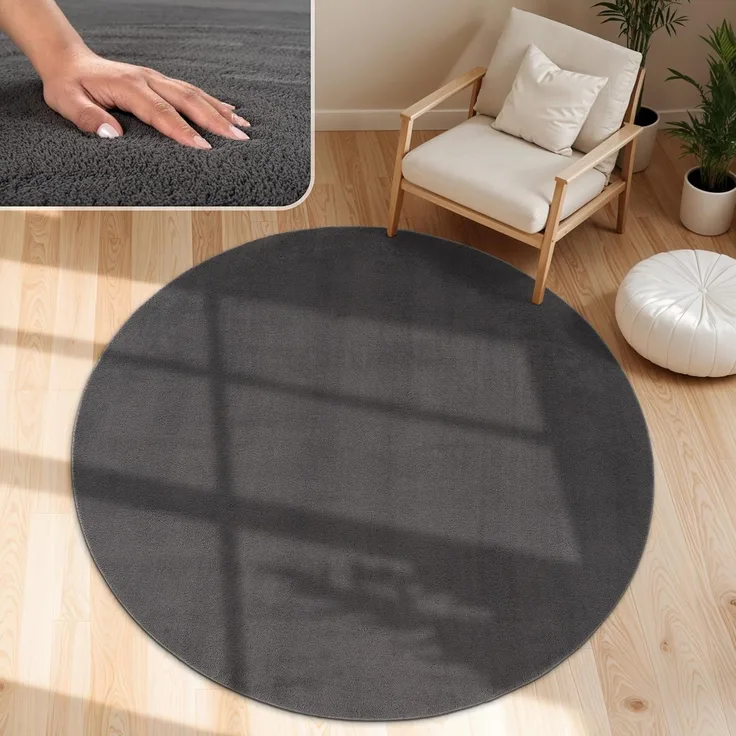 Paco Home Waschbarer Teppich Wohnzimmer Schlafzimmer Kurzflor rutschfest Flauschig Weich Moderne Einfarbige Muster, Grösse:160 cm Rund, Farbe:Anthrazit