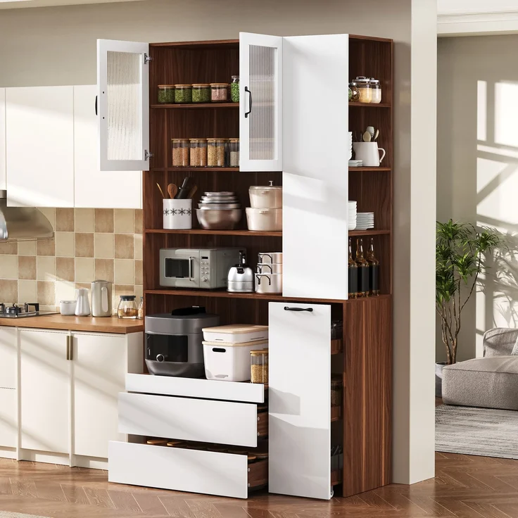 Highboard mit verstellbaren Regalböden und Schubladen, Buffetschrank mit ausziehbaren Regalböden und Riffelglas , Ideal für Esszimmer, Wohnzimmer und Küche (Weiß+Nussbaum) – Bild 4
