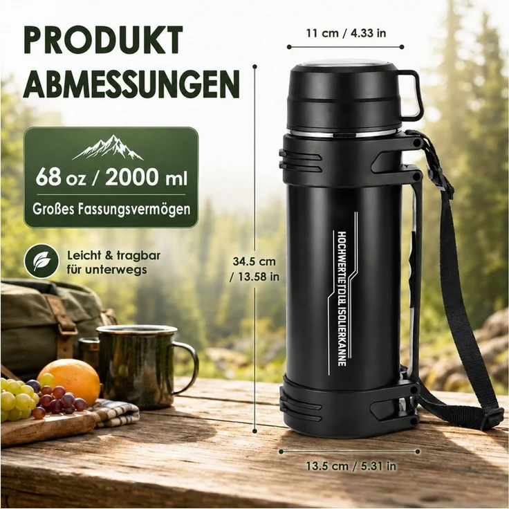 BlingBin Isolierflasche Thermosflasche 2L, Doppelwandige Trinkflasche Isolierte Edelstahl, mit Trinkbecher, Tragegriff und Schultergurt für Camping & Outdoor – Bild 2