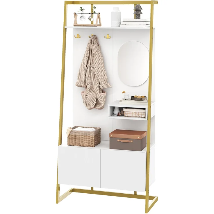 Faumrta Moderne minimalistische Kompaktgarderobe, offener multifunktionaler Aufbewahrungsschrank mit Spiegel, Metallhaken,Garderobenständer mit Schuhbank, Garderobe, Schuhaufbewahrung,Kleiderständer,78CM*38.5CM*180.5CMWeißMDF (Medium-Density-Faserplatte) – Bild 3