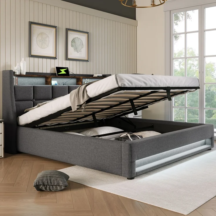Polsterbett 140x200 cm aus Leinen mit LED-Beleuchtung und Bettkasten – Vintage-Look – Bild 2