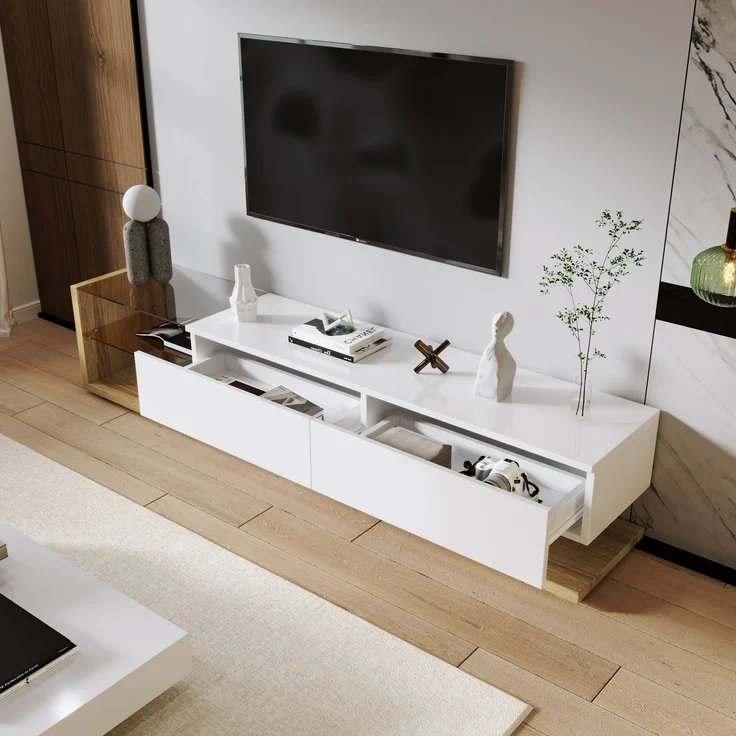 TV-Schrank 170 cm Weiß Hochglanz mit LED-Beleuchtung, 2 Schubladen, 2 Glasregale – Bild 5