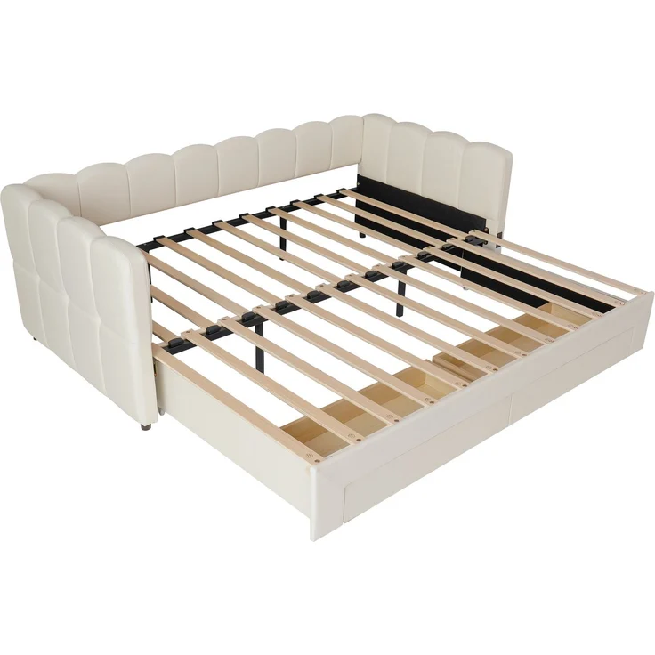 CHICFURN Ausziehbett 90/180x190 cm aus Leinen Beige mit 2 Schubladen und USB- und Type-C-Anschlüssen – Bild 8