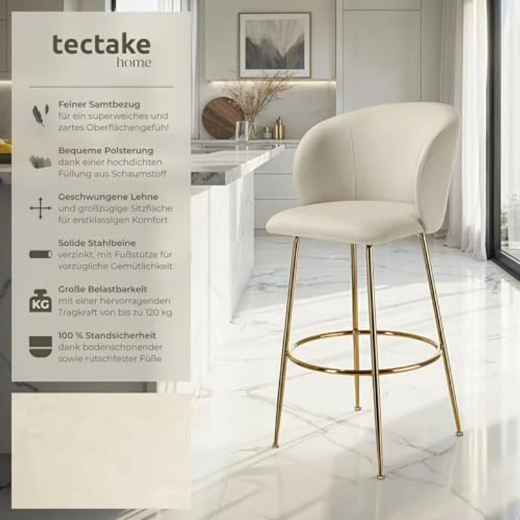 tectake Barstuhl Luana, Creme, Gold, gepolstert, ergonomisches Design, 51x106 cm, Esszimmer, Barhocker – Bild 4