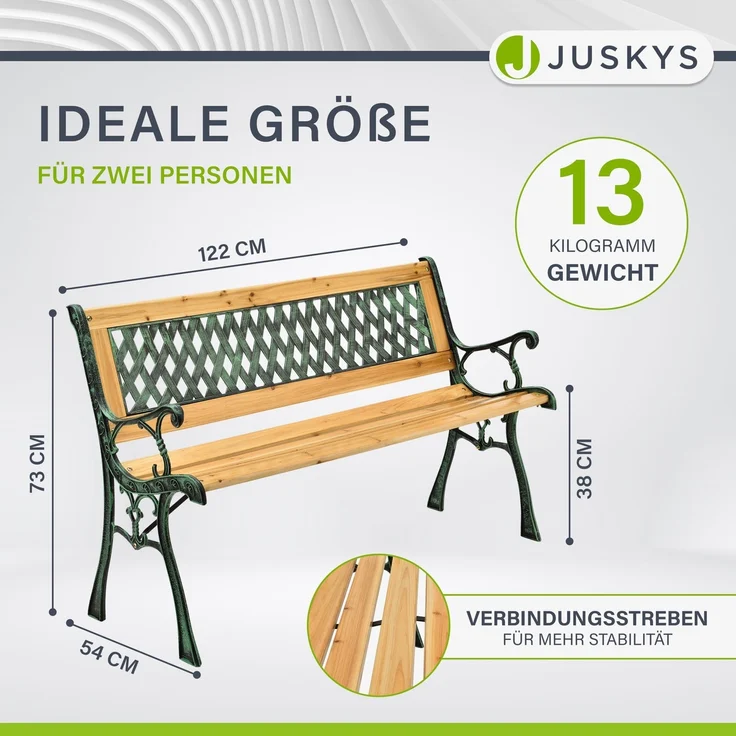 Juskys Gartenbank Pisa – 2-Sitzer Holzbank mit Armlehnen & Rückenlehne – wetterfeste Sitzbank 122x54x73 cm - Seitenelemente aus Gusseisen – Bild 3