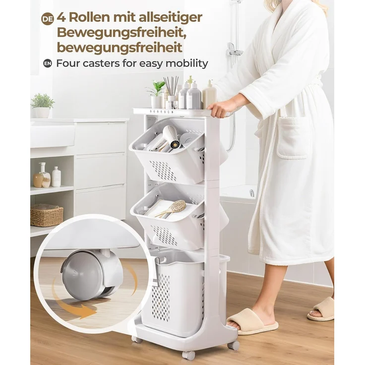 Yorbay Wäschekorb platzsparend Wäschewagen auf Rollen, hoch Wäschesortierer (mit 4 Stockwerke, 3 Aufbewahrungskörbe, 109 x 33 x 44cm), 120L Wäschebehälter für Kleidung, Spielzeug, für Badezimmer – Bild 5