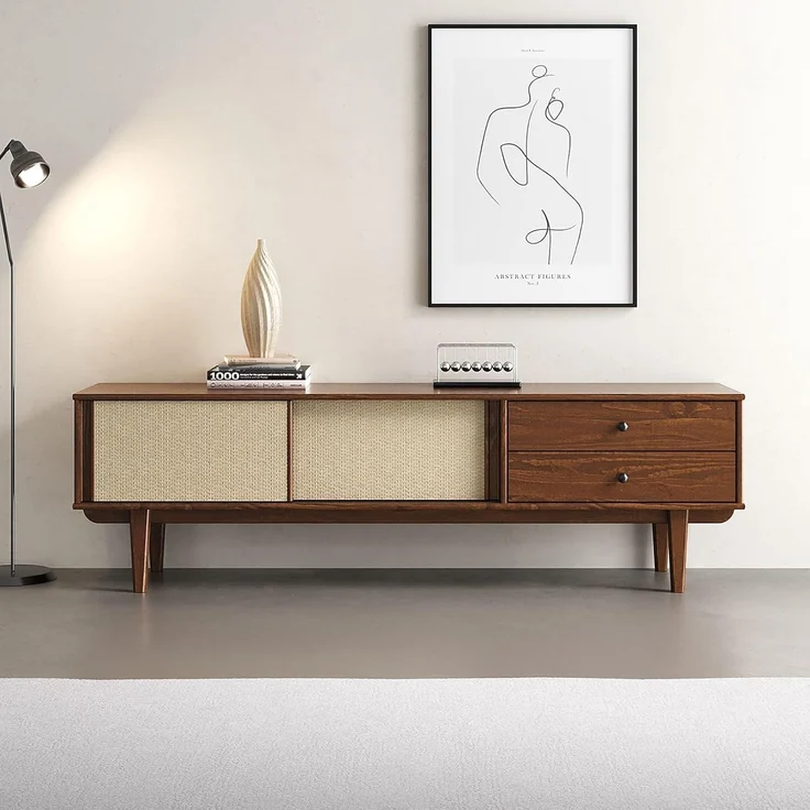 IDIMEX Lowboard SIMONA, TV Schrank 175 cm Massivholz Rattan Schiebetür Kastanie Finish – Bild 2