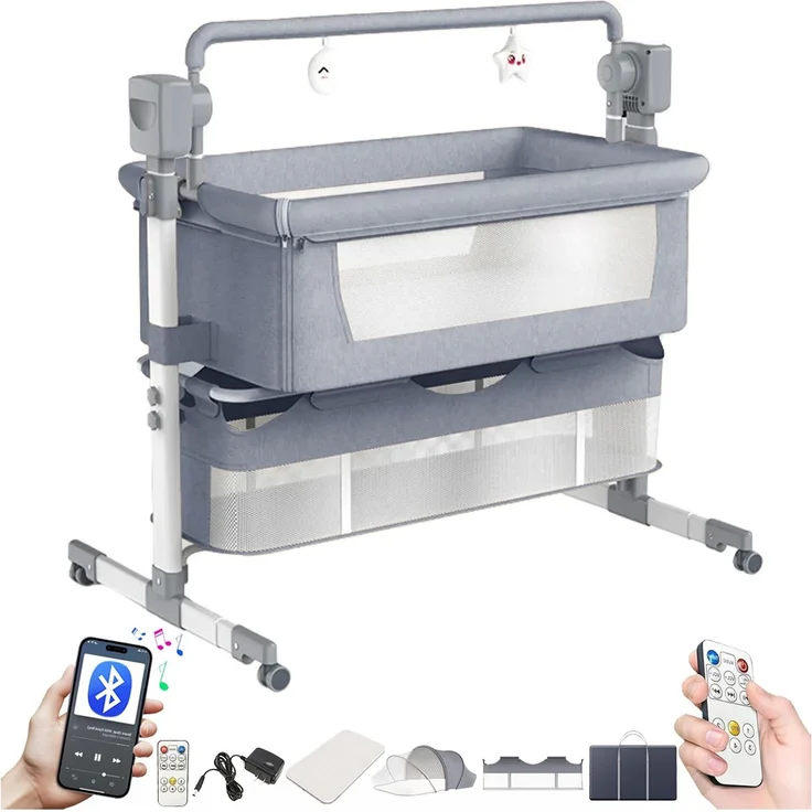 Magic ZC Elektrische Bluetooth Intelligent Beistellbett Baby mit Rollen, Convertible Faltbar Co-Sleeping Babybett, Fernbedienung, 5-schwankende Zahnräder, Stubenwagen Wiege mit Musik (601 Mid Grey)