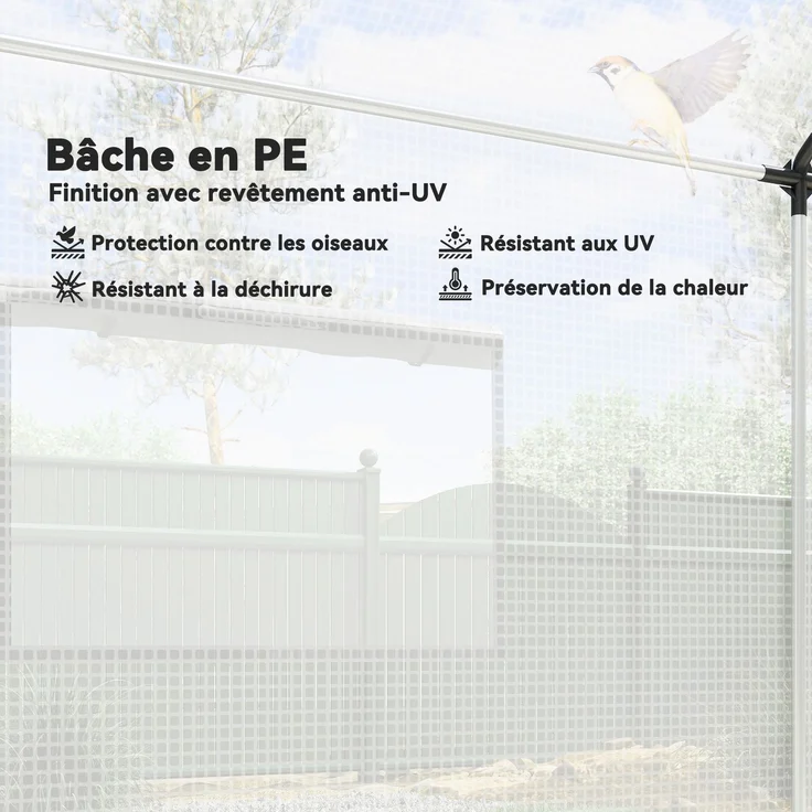 MELAYR, 2 x 3 m Tunnelgewächshaus, 6 m² mit Rolltor, 4 Fenster, – Verzinkter Stahl, hochdichtes PE, weiß – Bild 6