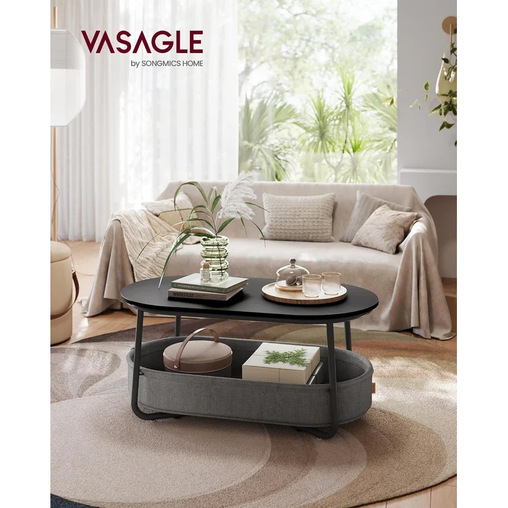 VASAGLE Couchtisch oval, Tisch mit Stauraum, Beistelltisch, Wohnzimmertisch mit Korb aus Stoff, modern, Metallrahmen, tintenschwarz-schiefergrau LCT222B56 – Bild 2