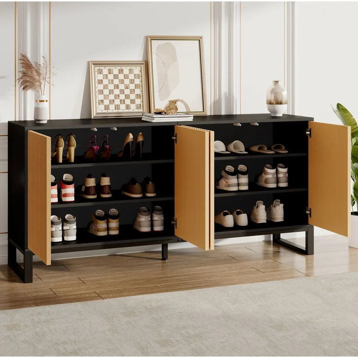 DESVIAE Sideboard Natur/Schwarz aus MDF/Spanplatte – 160x75x40 cm – 4 Türen, verstellbare Einlegeböden – Bild 4