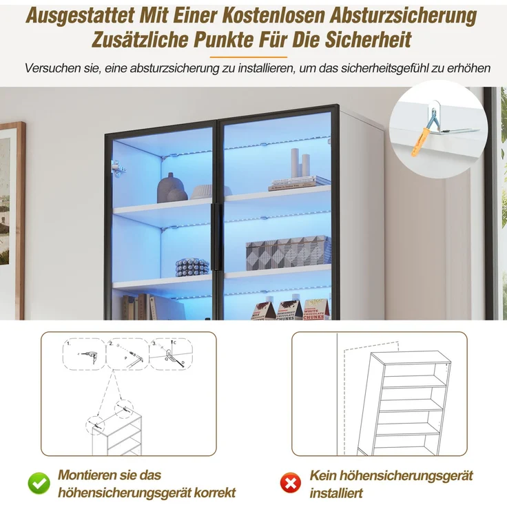 DESVIAE Vitrine mit LED-Beleuchtung und Glastüren 70x200x30 cm Spanplatte Weiß – Bild 4