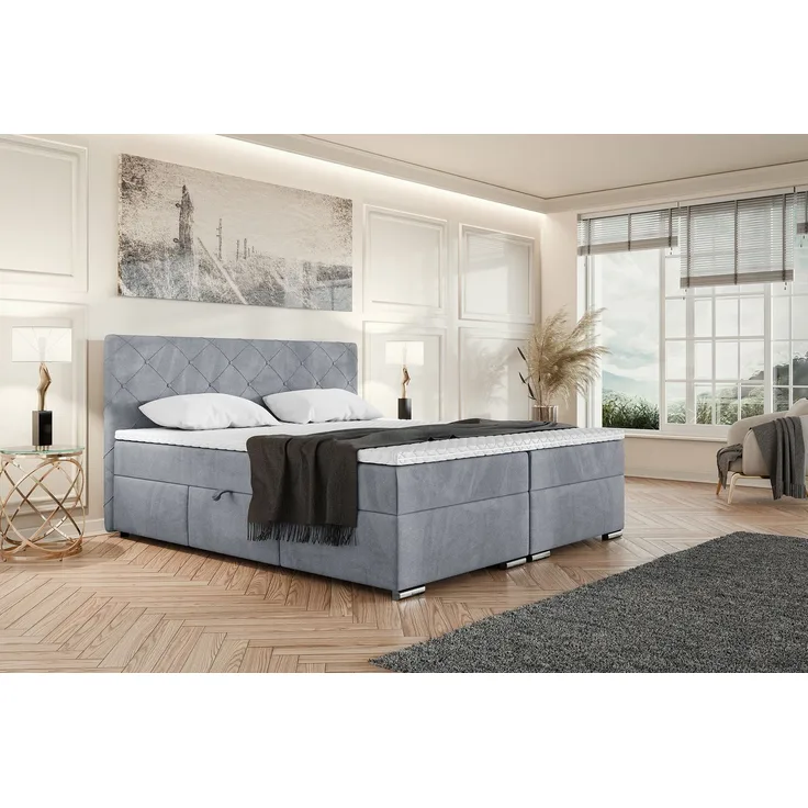 MEBLINI Boxspringbett MALDINI 160x200cm - H3B/Grau Samt - mit Bettkasten - Polsterbett - Doppelbett mit Topper & Bonellfederkern-Matratze