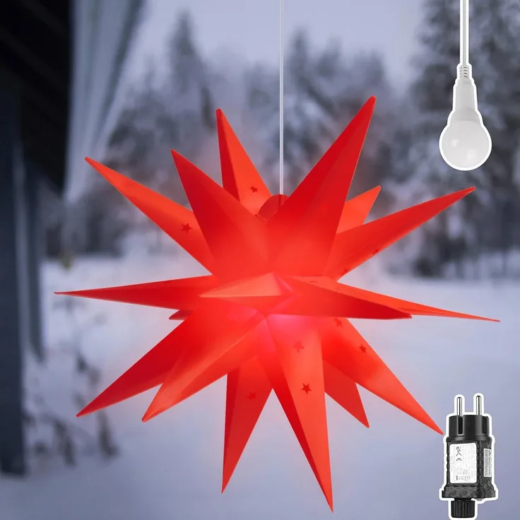 SALCAR 60cm 3D Leuchtstern Außen Weihnachten, LED Weihnachtsstern Beleuchtet Fenster, Adventsstern Innen Weihnachtsdeko Hängend, Rot