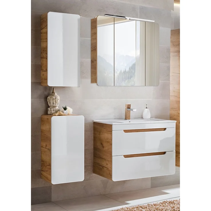 Badmöbel Set mit Keramikwaschtisch LUTON-56 in Hochglanz weiß mit Wotan Eiche Nb, B/H/T ca. 130/200/46 cm – Bild 1