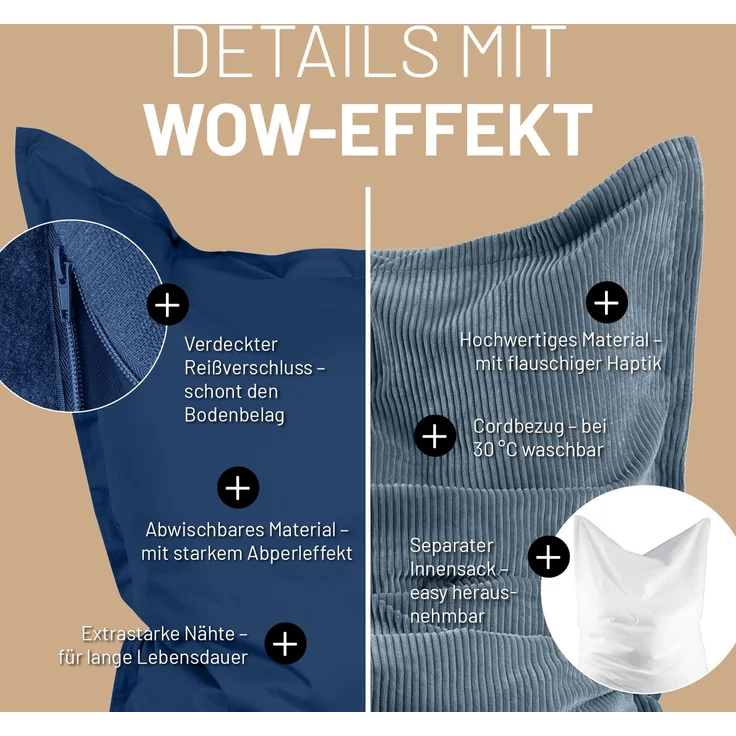 Lumaland Sitzsack Classic XXL All-in-One Set | Riesen Sitzsack XXL mit Cord & Outdoor Bezug für drinnen & draußen | Sofa Sessel mit im Innensack sicher verpackter EPS-Füllung – Hüllen Easy wechselbar – Bild 7