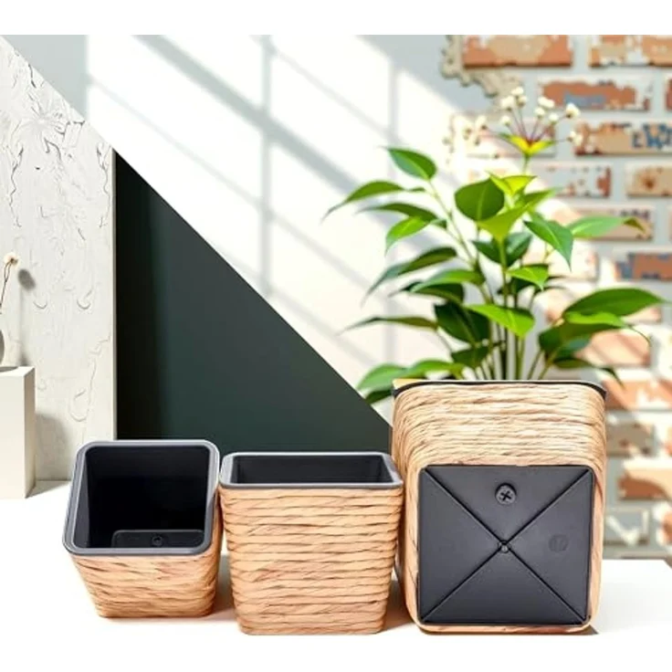 INtrenDU Blumentopf Seegras Eckig 3er Set mit Innentopf (Schwarz – Pflanzkorb Geflochten Uebertopf Boho Deko, Pflanztopf Quadratisch 3 Groessen fuer Zimmerpflanzen) – Bild 5