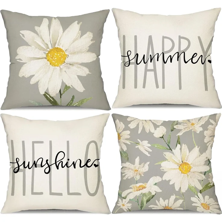 Sommer Kissenbezüge 45×45 cm 4er-Set Weiß-Grau Gänseblümchen, “Hello Sunshine”, Outdoor Sofa – Bild 1