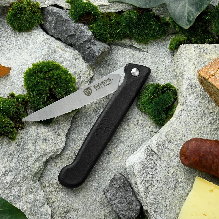 Klappmesser mit Steakklinge, schwarz, mit Etui – Bild 4