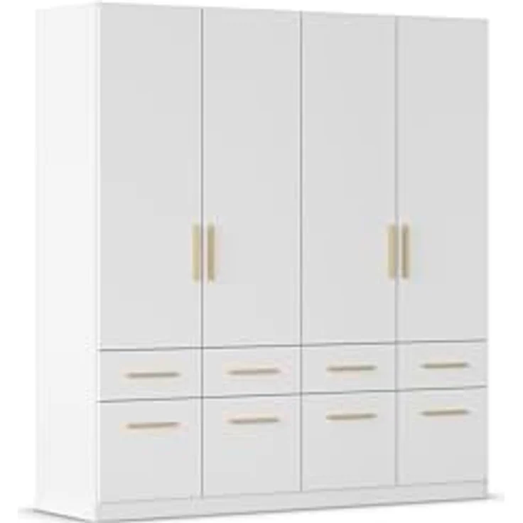 Rauch Möbel Dundee, Kleiderschrank, Schrank, Garderobe, Organizer, 4-türig, 8 Schubladen, Farbe Weiß, Holzgriff Eiche Massiv, 181 x 197 x 54 cm – Bild 2