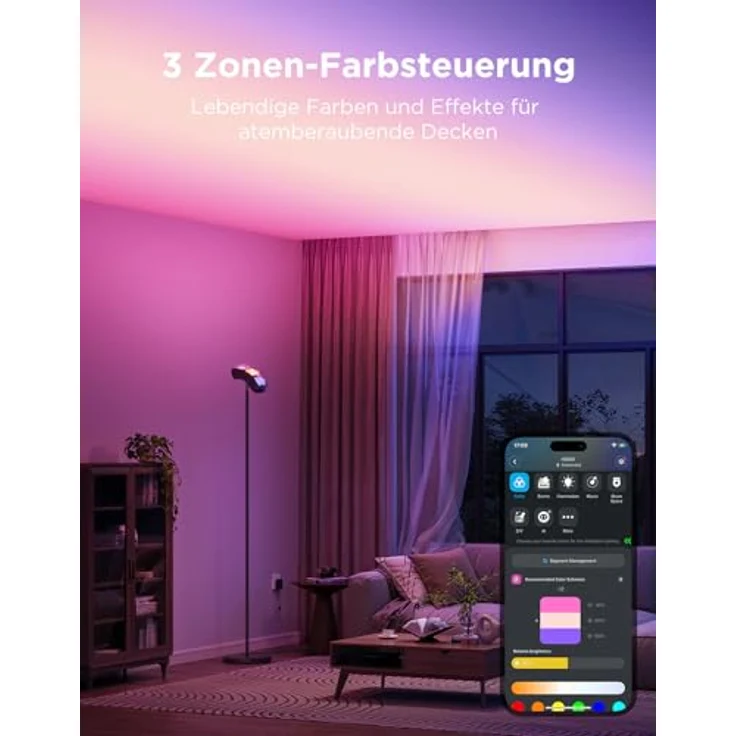 Govee Deckenfluter LED Stehlampe, RGBWWIC 3-Zonen Steuerung, Matter Alexa kompatibel, 77 Szenen, Musik Synchronisation, 170 cm, schwarz – Bild 2
