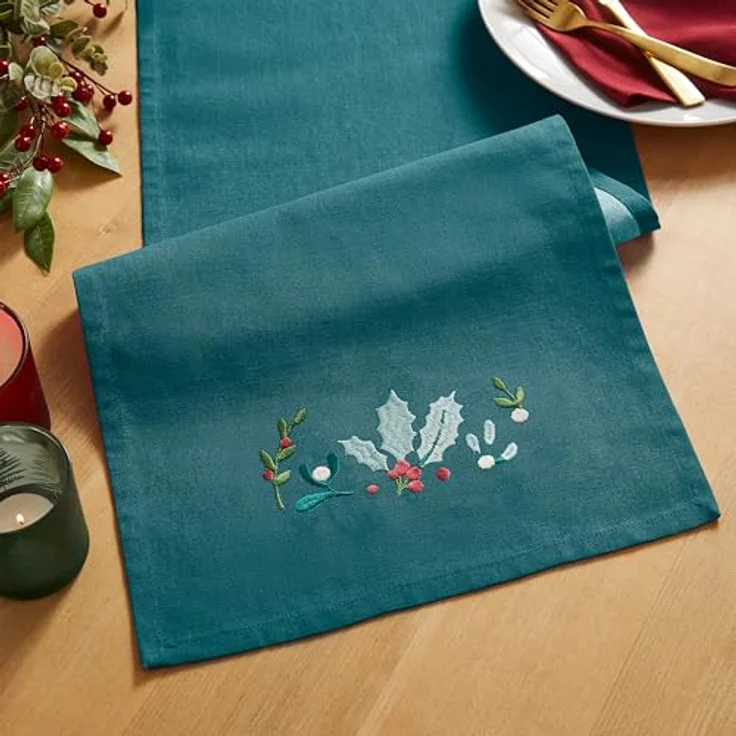 Catherine Lansfield Weihnachtlicher Tischläufer mit Stechpalme und Mistelzweig, Bestickt, Baumwolle, 32x220 cm, Grün – Bild 2