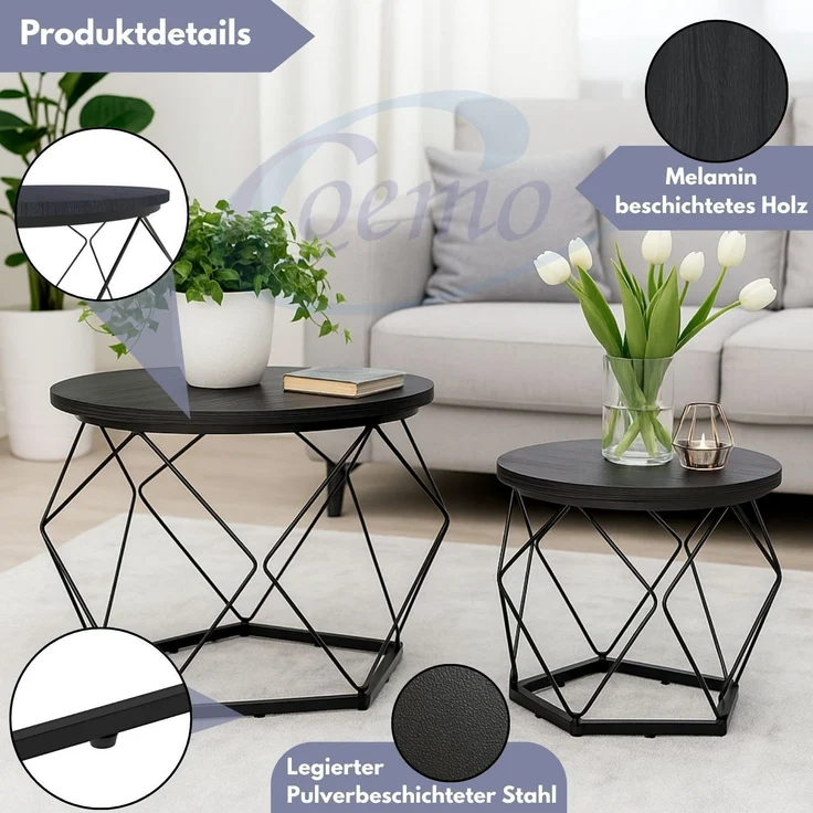 Coemo Couchtisch Duett 2-er Set stillvolle Metallbeine in Schwarz – Bild 3