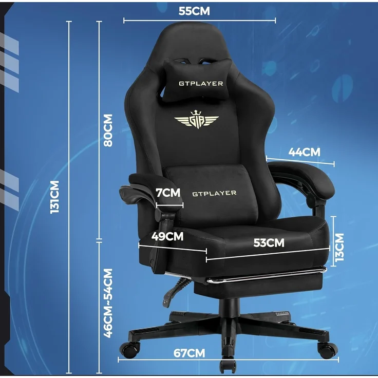 GTPLAYER Gaming Stuhl, Atmungsaktiver Bürostuhl, bürostuhl ergonomisch, Hochwertiger - Stoff, Ergonomischer PC Stuhl, 160° Verstellbare Rückenlehne und ausziehbare Fußstütze,Schwarz – Bild 3