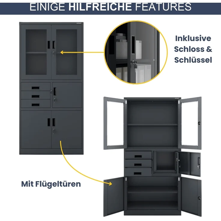 Vitrinenschrank abschließbar GEDO - mit Tresor & Schubladen| Büroschrank aus Stahl Aktenschrank mit Glasfenster Metallschrank Mehrzweckschrank, 185x90x40cm Anthrazit – Bild 5