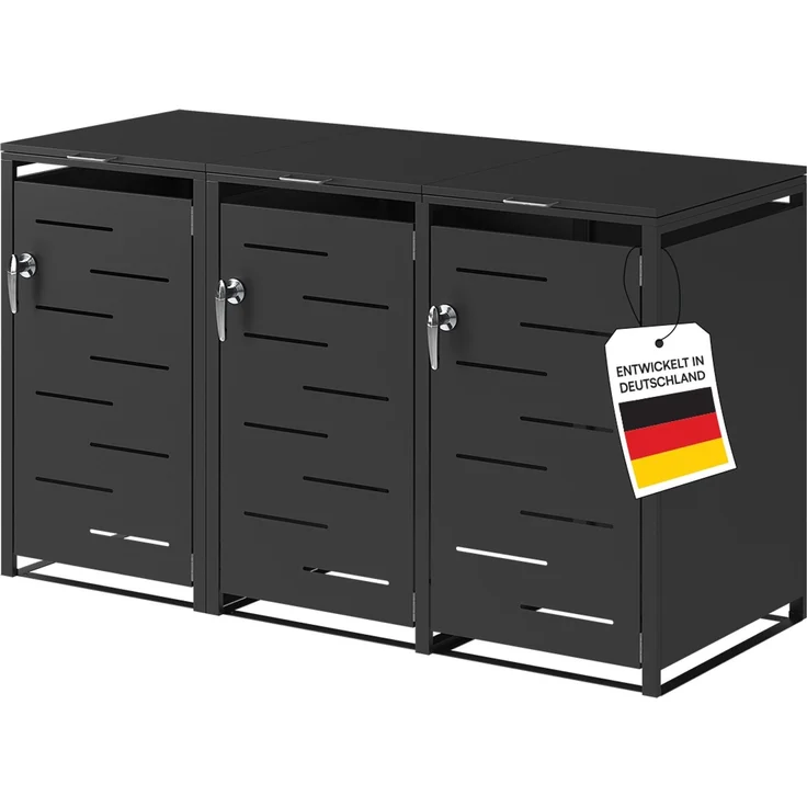 STEELSØN 'Diorus' Mülltonnenbox 3er je 240 Liter, graphitschwarz, Mülltonnenverkleidung aus Stahl mit Sichtstreifen, wetterfest, 116x80x203 cm, abschließbare Müllbox für 3 Tonnen – Bild 1