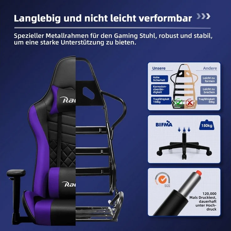 Hiazurm Gaming-Stuhl Gaming Stuhl, Bürostuhl Ergonomisch Wippfunktion bis zu 170° (Verstellbarem Lenden- & Kopfkissen, Gamer Stuhl 150kg Belastbarkeit), Verstellbarem Lenden- & Kopfkissen, Gamer Stuhl 150kg Belastbarkeit – Bild 3